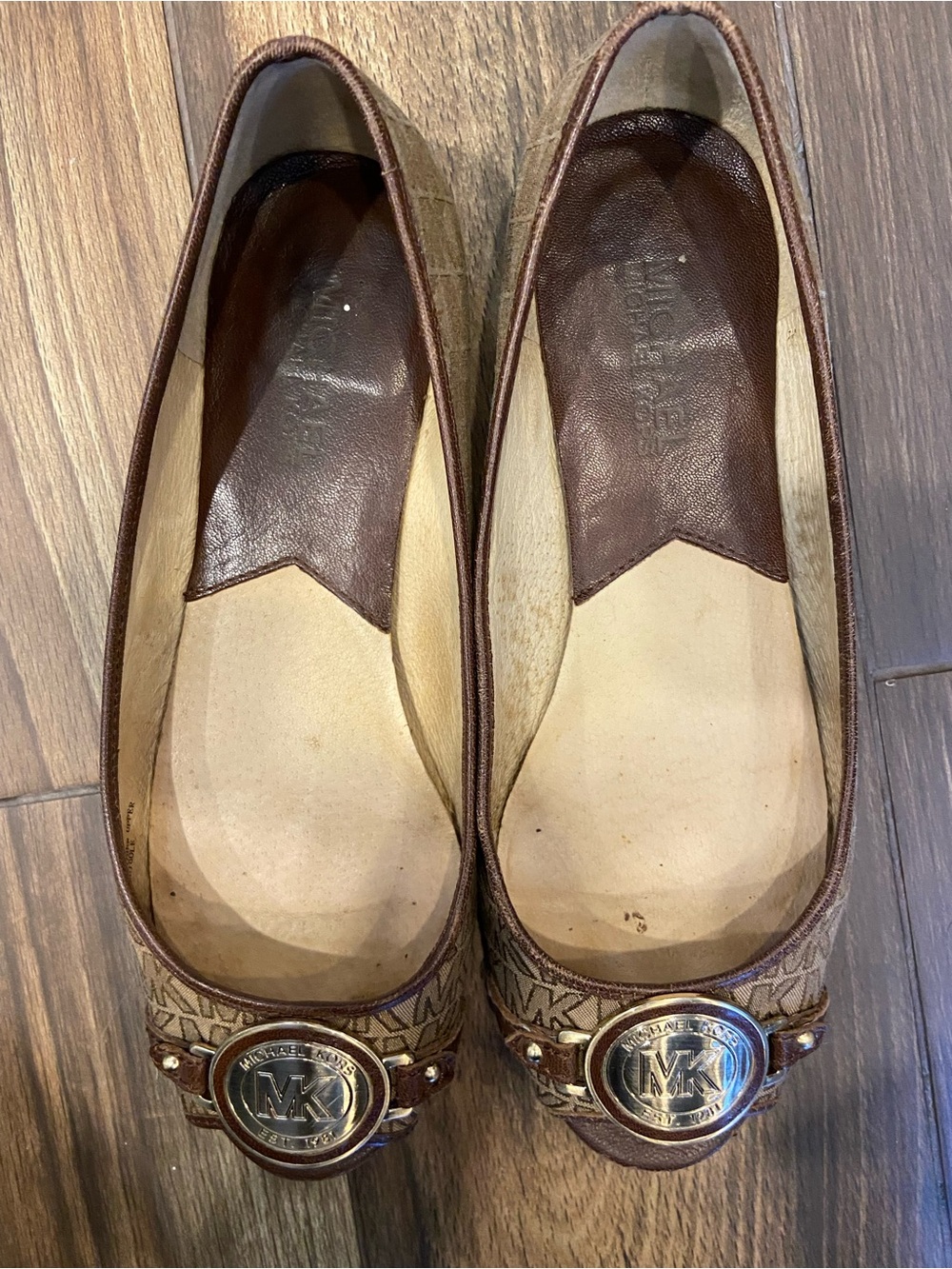 Michael Kors Brown Logo Open-Toe Ballet Flats with Gold Medallion - Picture 3 of 9